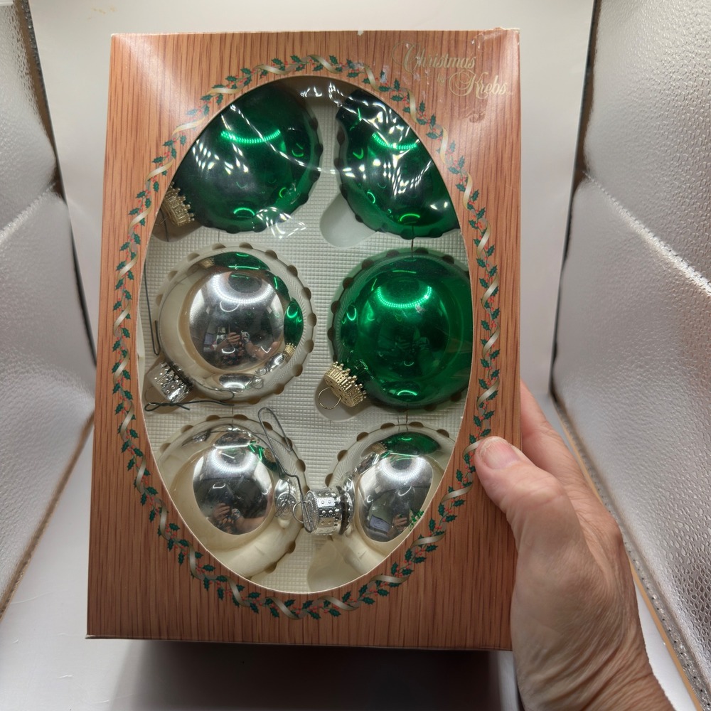 Christmas by Krebs Glass Ornaments 6PK Green Silver Designer Crowns LW70000‎ USA